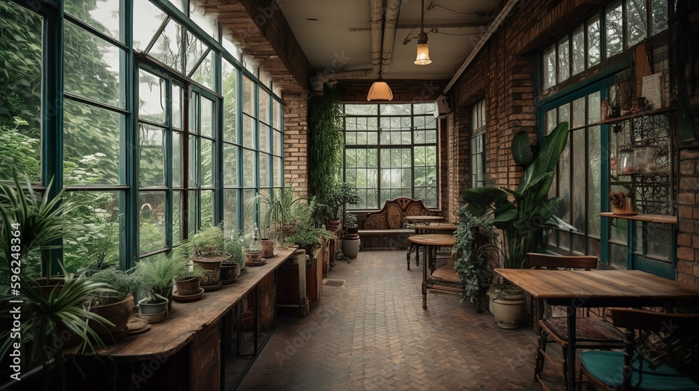 Bohemian and rustic style coffee house interior, greenhouse vibe with panoramic glass windows, AI-generated Bohemian and rustic style coffee house interior, greenhouse vibe with panoramic glass windows, AI-generated