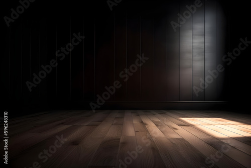 Black empty wall and wooden floor with interesting light glare. Interior background for the presentation.  Generative AI.