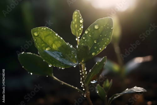 close up young plant with drop of rain water in sunlight. Eco day concept art. Generative AI.