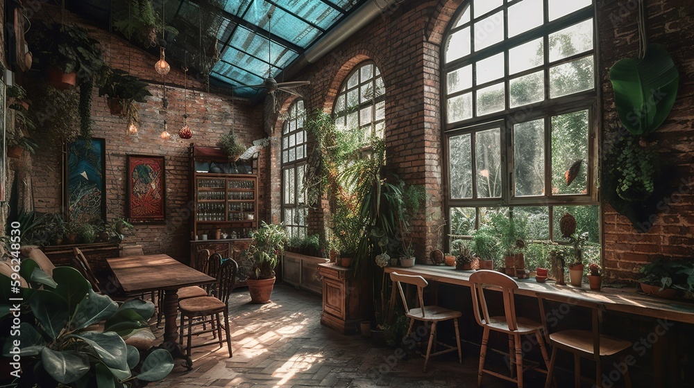 Cozy rustic and bohemian style coffee house interior with brick wall, and greenhouse style, AI generated Cozy rustic and bohemian style coffee house interior with brick wall, and greenhouse style, AI generated