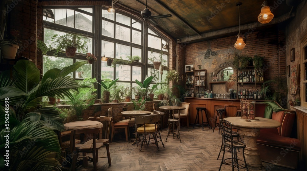 Cozy rustic and bohemian style coffee house interior with brick wall, and greenhouse style, AI generated