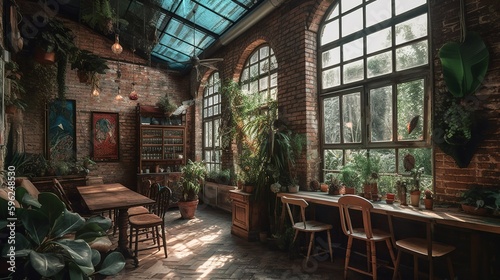 Cozy rustic and bohemian style coffee house interior with brick wall, and greenhouse style, AI generated