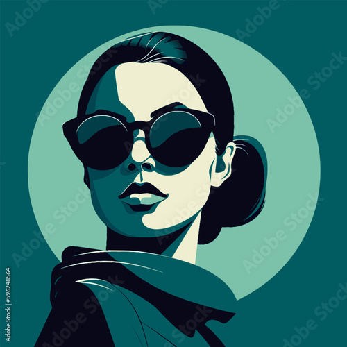 Fashion portrait of a model girl in sunglasses. Poster or flyer in trendy retro colors. Vector illustration	
