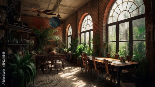 Cozy rustic and bohemian style coffee house interior with brick wall, and greenhouse style, AI generated © Hdi