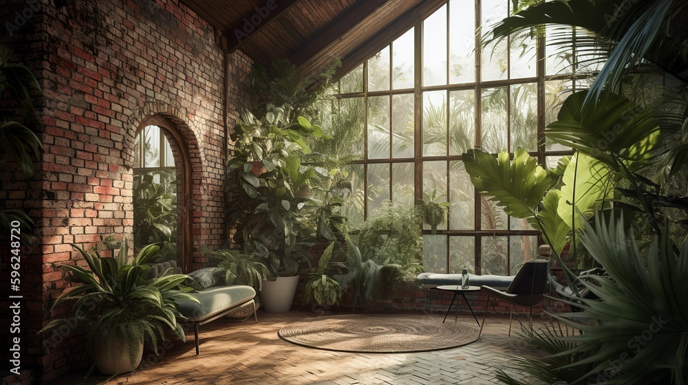 Spacious rustic and bohemian greenhouse vibe living room with couch , AI generated 