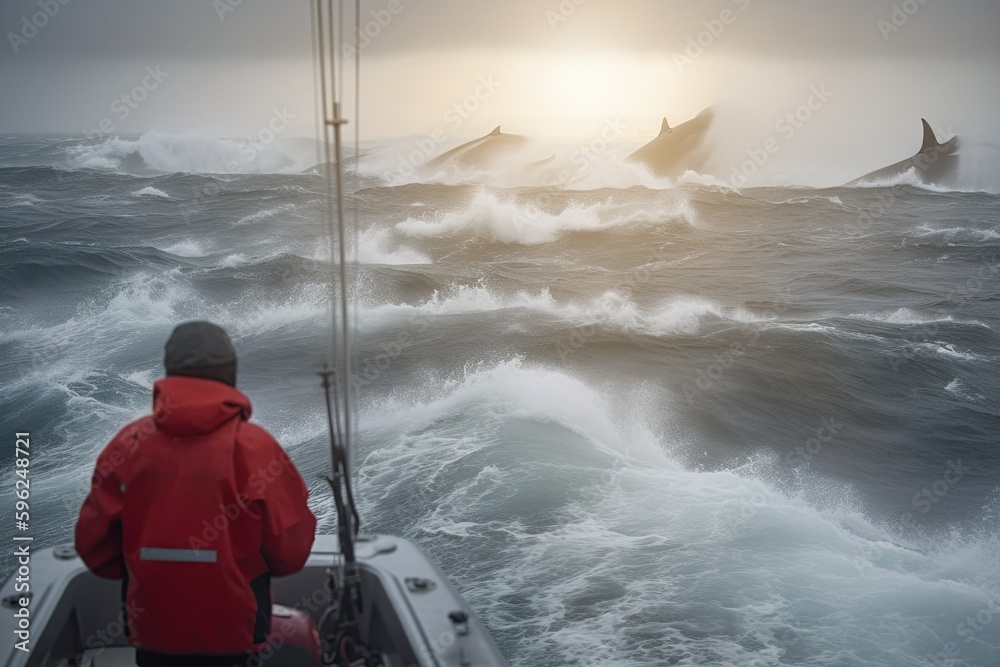 Naklejka premium The whales hunting industry was centered in places like New England, Norway, and Japan, where whaling was a major source of income and employment. AI-generated