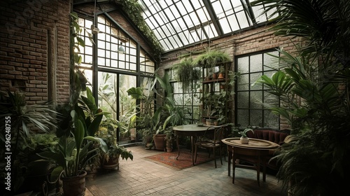 Tropical palm house style living room interior with brickc walls and panoramic windows