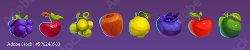 Casino fruit slot machine vector set. Cartoon icon design for match 3 game interface. Glossy and shiny apple, grape, pear, lemon and cherry asset gambling lottery isolated illustration collection.