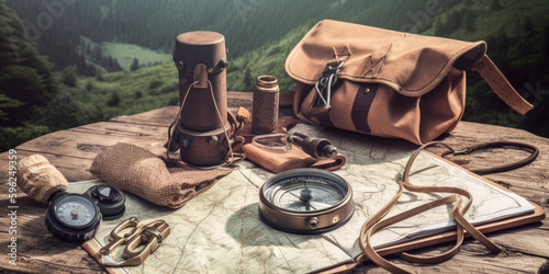 Compass, bag and map on wooden table. Vintage travel concept - Generative AI
