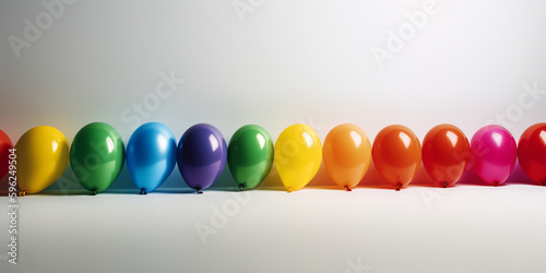 Luft Ballons verschiedene Farben in einer Reihe für Geburtstagsfeier mit Textfreiraum, ai generativ