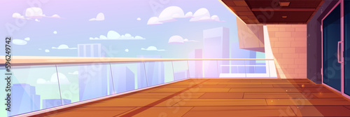 Open balcony interior with city skyscraper view cartoon background. Empty terrace with wooden floor and brick wall. Modern glass fence with handrail on hotel apartment veranda. Light sparkle in loft