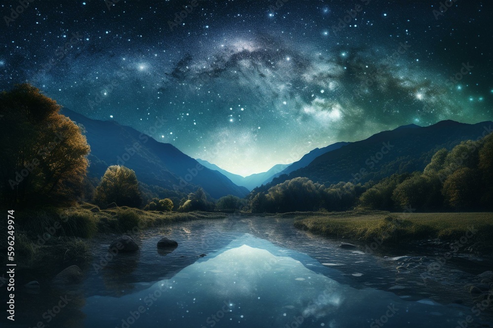 Illustration of a starry night overlooking a river flowing towards forested hills. Generative AI