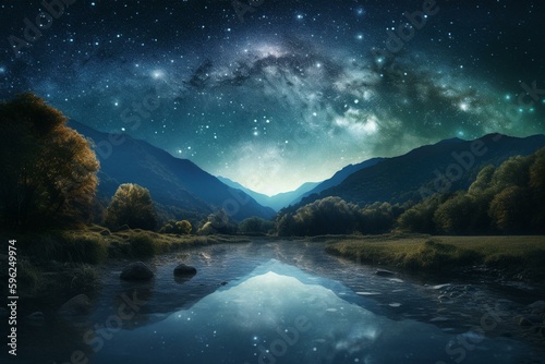 Illustration of a starry night overlooking a river flowing towards forested hills. Generative AI © Ibrahim