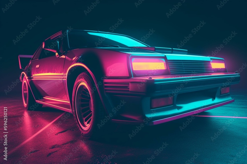 The glowing vehicle is cruising down the road, embodying the retro-futuristic styles of synthwave and vaporwave. Generative AI