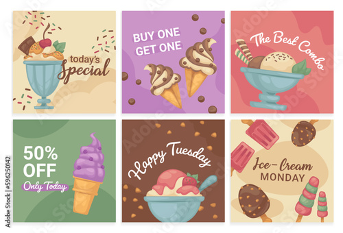 Social media post set with ice cream dessert offer