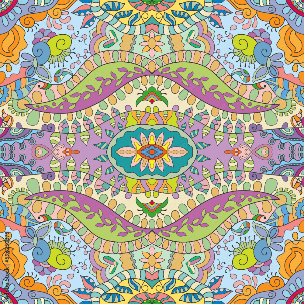 Fototapeta premium Hand drawn seamless graphic pattern, colorful artistic background with floral and geometric elements. Doodle ethnic mandala ornament for textile fabric, paper print. Surface texture 