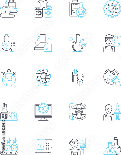 Chemical manufacturing linear icons set. Synthesis, Formula, Reactant, Production, Catalyst, Compound, Distillation line vector and concept signs. Polymer,Crystallization,Solvent outline illustrations