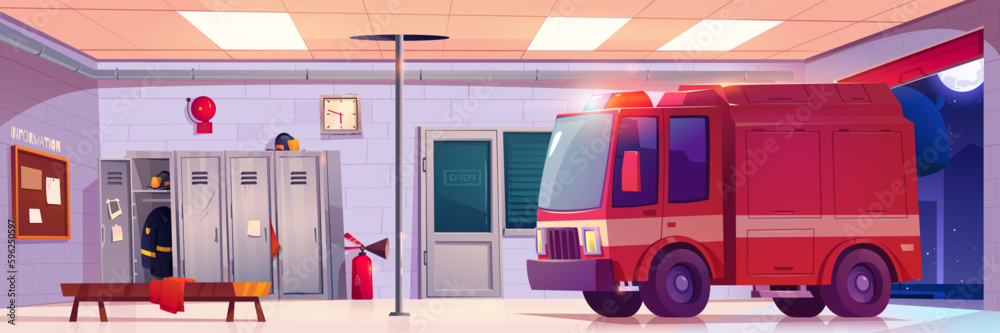 Fire station interior. Empty firehouse building with garage for red emergency rescue truck, lockers with clothing and helmets and steel pole, vector cartoon illustration - obrazy, fototapety, plakaty 