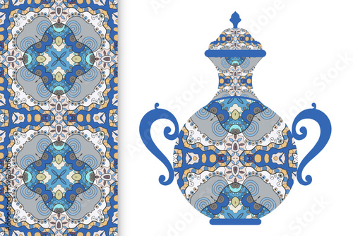 Hand drawn pitcher, vase with ornament and vertical seamless pattern. Decorative doodle texture, isolated elements for textile fabric, paper print, invitation or card design