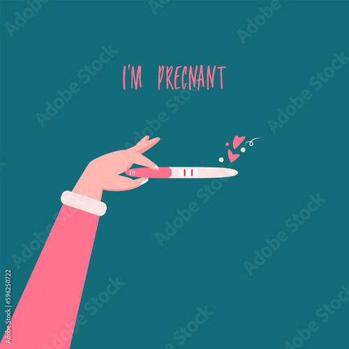 Beautiful female hand is holding a pregnancy test with positive result as a two lines. Planning a baby, motherhood and healthcare concept. Flat vector illustration for a poster with text.