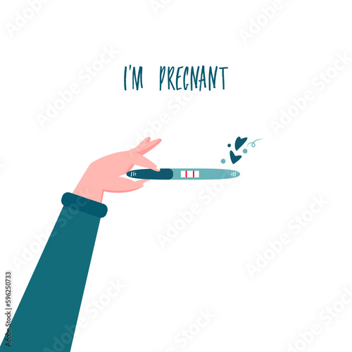 Beautiful female hand is holding a pregnancy test with positive result as a two lines. Planning a baby, motherhood and healthcare concept. Flat vector illustration for a poster with text.