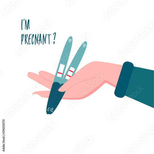 Beautiful female hand is holding a pregnancy test with different results. Planning a baby, unplanned pregnancy and contraception concept. Flat vector illustration for a poster with text.