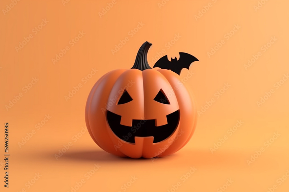 Happy halloween holiday background with cute pumpkin, bats on orange background with copy space. Generative ai. Happy halloween holiday background with cute pumpkin, bats on orange background with copy space. Generative ai.