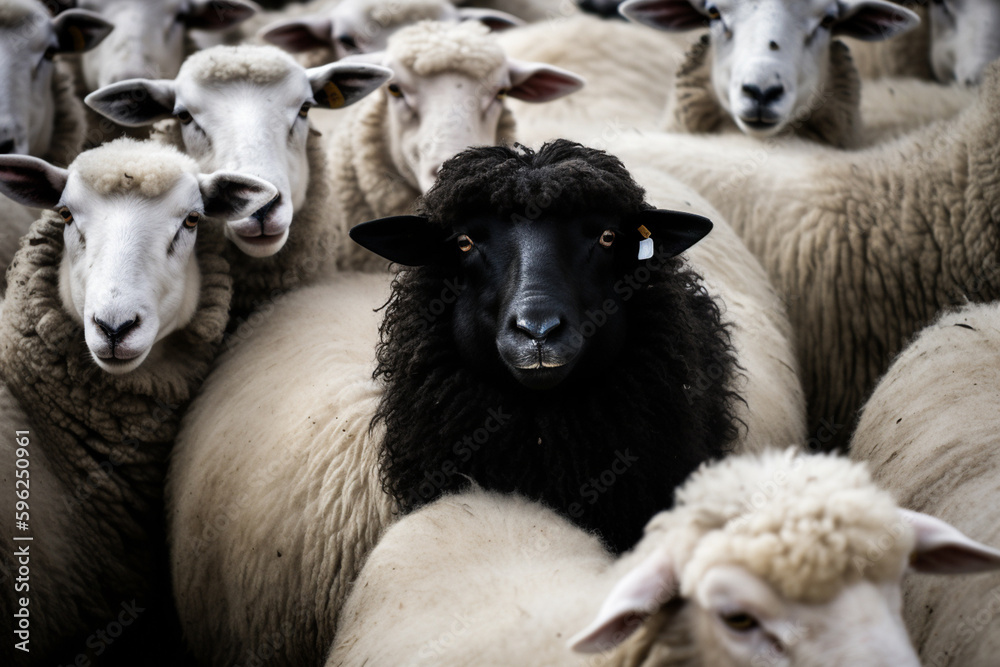 Obraz premium Black sheep among white ones. Dare to be different, standing out from crowd concept. Generative ai.