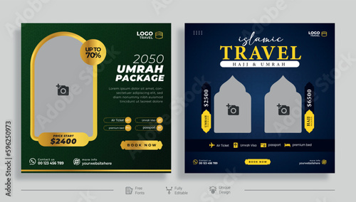 Luxury of islamic tour and travel social media template design. hajj and umrah promotion design