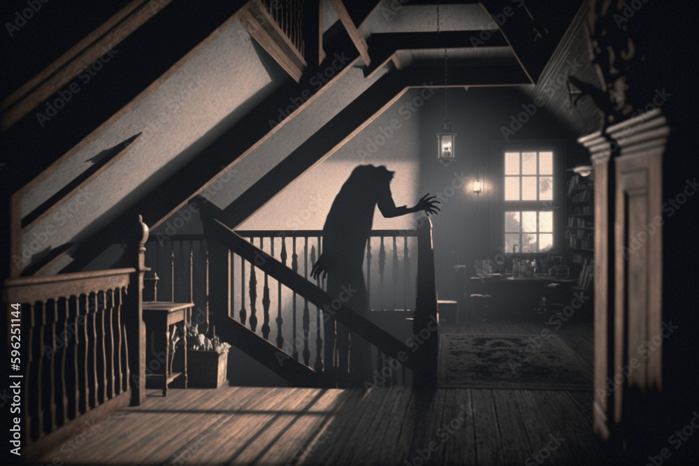 Scary ghost in the attic. Haunted house for Halloween. Generative ai Scary ghost in the attic. Haunted house for Halloween. Generative ai