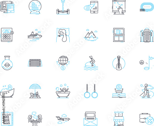 Professional getaway linear icons set. Escape, Retreat, Relaxation, Tranquility, Seclusion, Rejuvenation, Sanctuary line vector and concept signs. Solitude,Peacefulness,Serenity outline illustrations