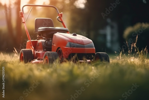 Lawn mover on green grass. Machine for cutting lawns.Generative ai