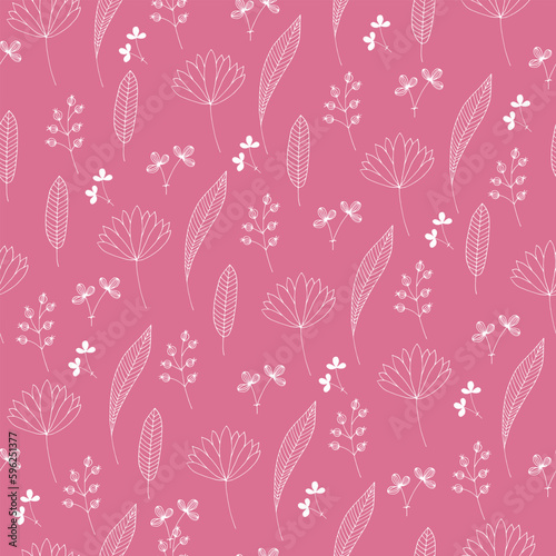 Seamless texture for your design. White grass and leaves on pink background. Illustration can be used for templates, wallpaper. Openwork leaves.