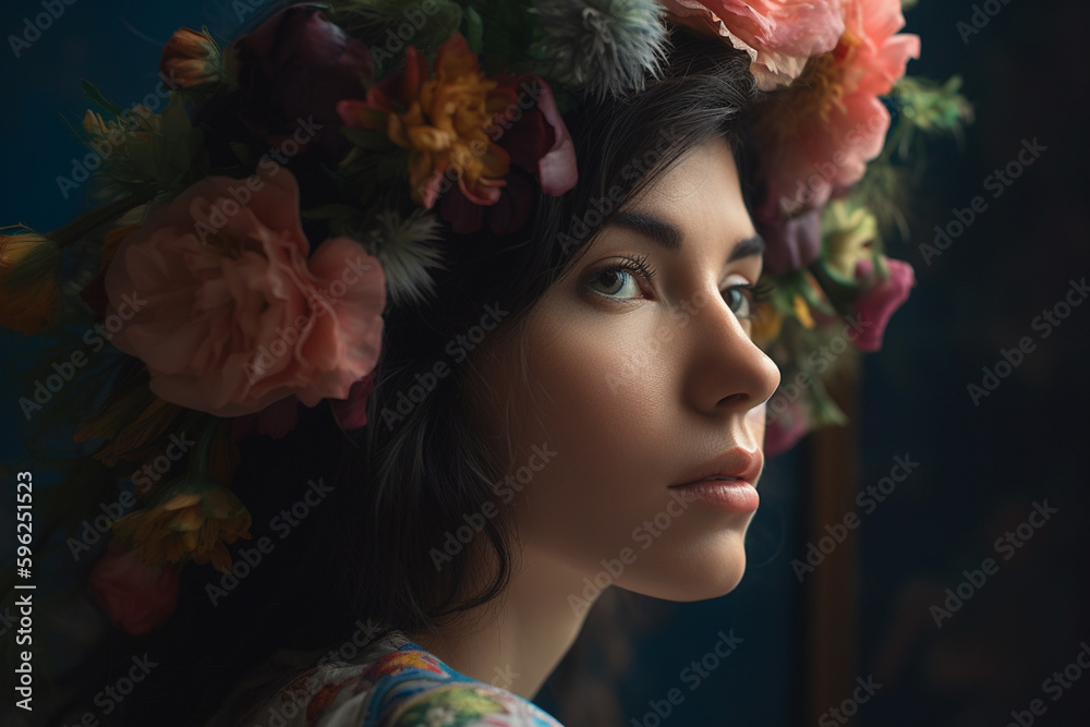 Abstract contemporary art collage portrait of young woman with flowers, retro colors. Generative ai. Abstract contemporary art collage portrait of young woman with flowers, retro colors. Generative ai.