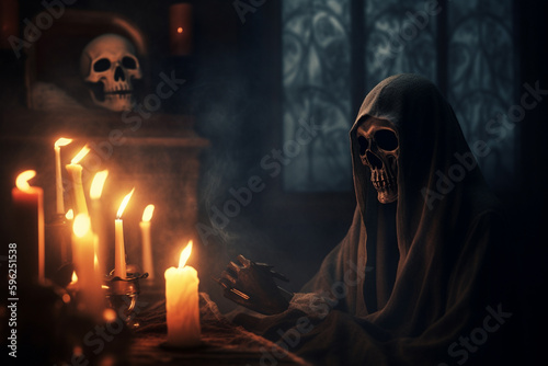 Grim reaper in haunted, creepy house. Generative ai