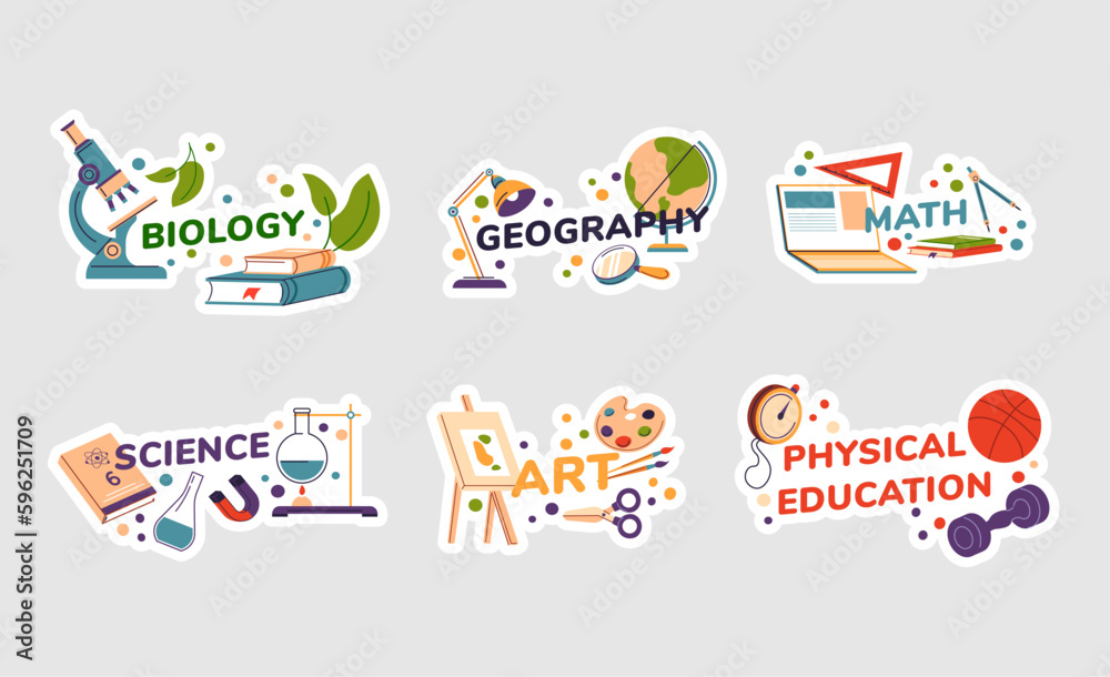 Sticker design set with school subjects concept