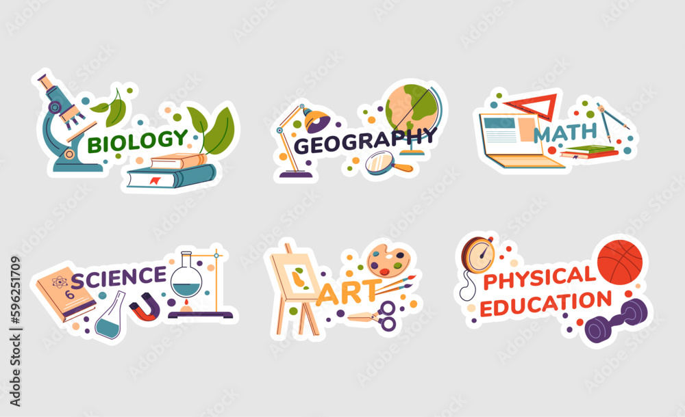 Sticker design set with school subjects concept Sticker design set with school subjects concept
