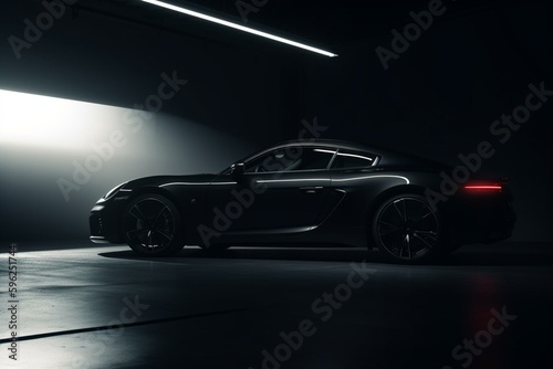 A sleek black car in a bright studio setting. Generative AI © Virelai