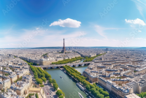 Paris aerial panorama with river Seine and Eiffel tower, France. Romantic summer holidays vacation destination. Panoramic view above historical Parisian buildings and landmarks with blue sky and sun © Kateryna