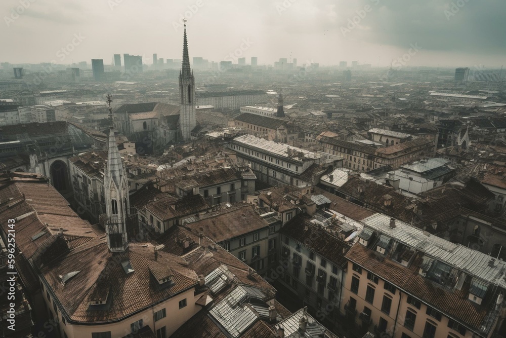 Aerial view of Milan city roofs under the cloudy sky. Generative AI