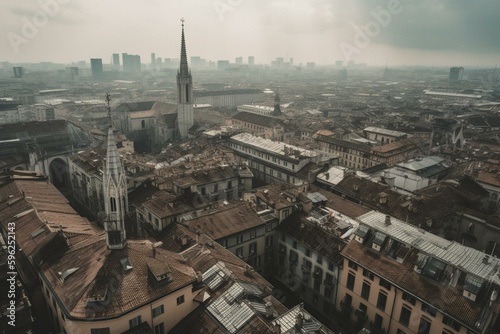 Aerial view of Milan city roofs under the cloudy sky. Generative AI