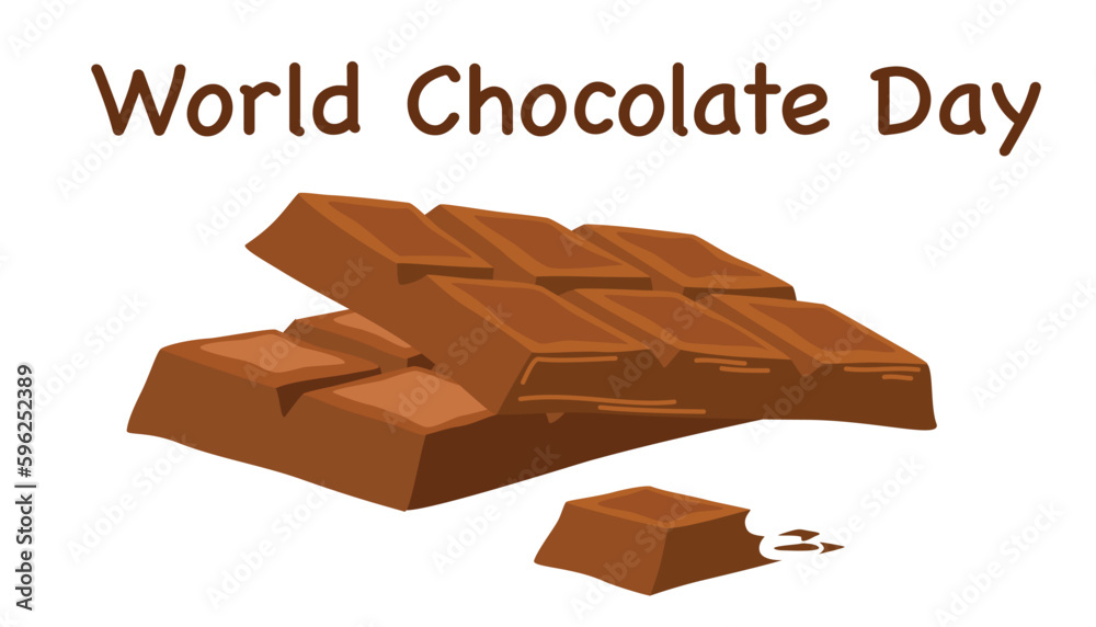 World Chocolate Day. Bar of chocolate, a broken piece of sweet dessert. Ideal for printing, products, postcards. Cartoon vector illustration isolated on the white background. 