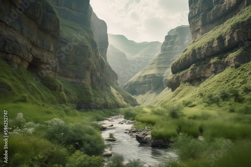 Photo lush green canyon, with rushing stream and towering cliffs in the background, cr