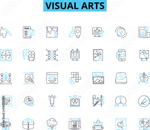 Visual arts linear icons set. Drawing, Painting, Sculpture, Printmaking, Photography, Illustration, Graphic design line vector and concept signs. Typography,Calligraphy,Collage outline illustrations