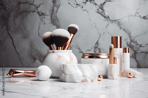 Minimalist Marble Background with Cosmetic Brushes and Products