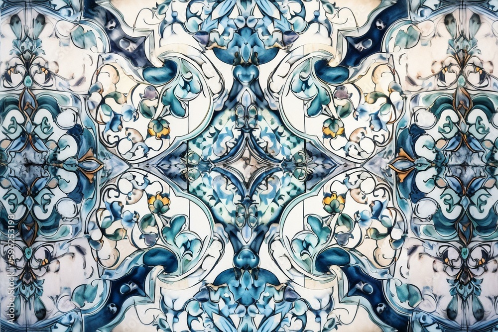 Watercolor ornamental tile pattern for fabric. Generative AI
