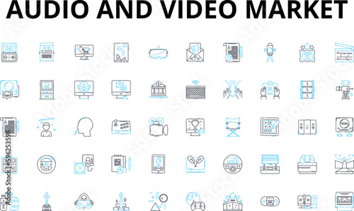 audio and video market linear icons set. Sound, Visuals, Speakers, Headphs, Amplifiers, Microphs, High-definition vector symbols and line concept signs. Surround,Recording,Playback illustration