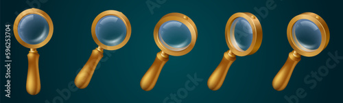 Realistic set of 3D magnifying glasses isolated on background. Vector illustration of loupe lens in golden frame with handle. Tool for scientific research, seo data analysis icon, information search