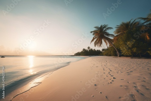 Early morning beach scene in the Maldives. Island travel and vacation perspectives captured from the sea. Generative AI