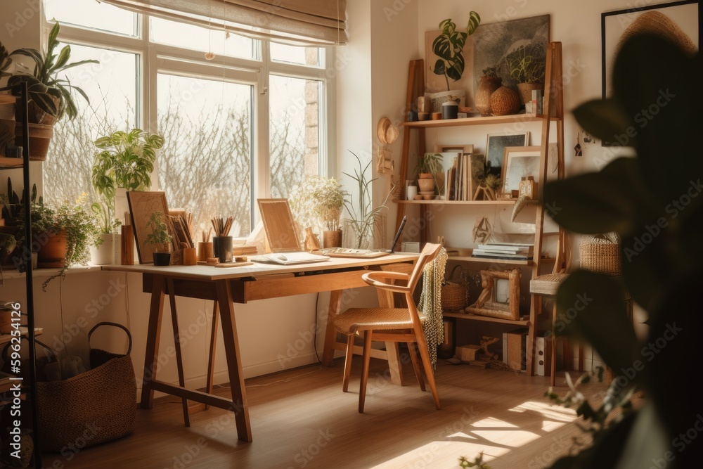 Creative home office with wooden furniture, Generative AI